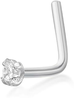 14K White Gold L-Shape Nose Stud | 2mm Sparkling Cubic Zirconia Gem | Hypoallergenic Nose Jewelry for Men and Women | Secure Fit & Versatile 22G Unisex Piercing by Lavari Jewelers