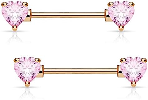 Forbidden Body Jewelry Pair of Surgical Steel 1/2-5/8 Inch (12-16mm) Cubic Zirconia Crystal Double Heart Nipple Barbells