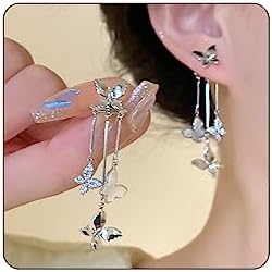 Purple Butterfly Earrings Crystal Rhinestone Drop Earrings Tassel Style Zircon Earrings for Women Girls Long Pearl Dangle Earrings Wedding Jewelry for Women