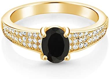 18K Yellow Gold Plated Silver Black Onyx Engagement Ring for Women, Cubic Zirconia Accent, December Birthstone, Oval Cut, Sizes 5-9 Available