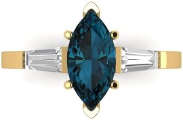 Clara Pucci 2 ct Marquise cut 3 stone Solitaire Natural London Blue Topaz Engagement Promise Anniversary Bridal Ring 18K Yellow Gold
