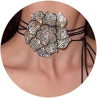 Vintage Large Rhinestone Flower Necklace with Rope Chain for Women and Girls, Black Faux Leather Choker, Party and Prom Accessory, Stylish Gift for Special Occasions