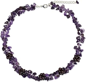 NOVICA Handcrafted Sterling Silver Necklace with Amethyst and Garnet Beads, Lobster Clasp, Ball Chain Design from Thailand - Divine Heaven's Gift Birthstone