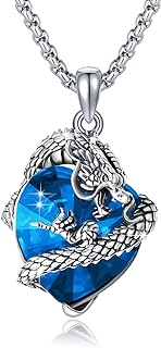 925 Sterling Silver Box Chain Dragon Pendant Necklace with Green Crystal for Women and Girls - Retro Punk Chinese Dragon Jewelry - Heart Design