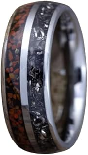 Exceptional Dinosaur Bone and Meteorite Inlay Silver Tungsten Wedding Ring for Men | Unique, Robust, Comfort Fit Design