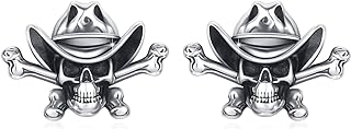 Unisex 925 Sterling Silver Pirate Earrings with Push Back, Skull & Crossbones Studs, Gothic Halloween Jewellery Gift