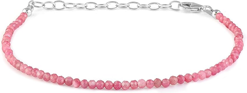 Lobster Claw Clasp 2mm Pink Tourmaline Bead Bracelet, Sterling Silver Chain, Elegant Gemstone Jewelry for Women, Round Faceted Design