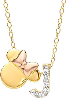 Disney Minnie Mouse Rhodium Plated J Pendant Necklace with Cubic Zirconia and Spring Ring Clasp for Kids and Disney Fans, Initial Design