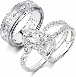 Newshe Sterling Silver Couple Wedding Ring Sets with AAAAA Cubic Zirconia Pear Shape Design for Men and Women, Size 5-13