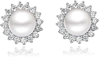 KEETEEN "Sunshine" Sterling Silver 8.5-9mm White Freshwater Cultured Pearl Earrings Studs AAA Zirconia Earrings Gift for Women