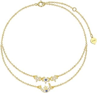 Fine Jewelry Solid 14K Gold Layered Anklet with Easy Hook Box Chain and Cubic Zirconia Gems for Women, Moon and Star Design