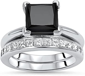 2.50 Ct Princess Cut Created Black & White Diamond Engagement Ring Bridal Wedding Set 14k White Gold Plated 925 Sterling Silver