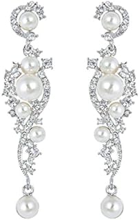 EVER FAITH Women's Austrian Crystal & Cream Simulated Pearl Bridal Vine Dangle Earrings with Pierced Back Finding