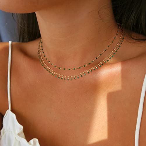 MTMY Beaded Necklaces for Women 14K Gold Plated Dainty Colorful Green/Rose Beaded Pearl Choker Necklace Delicate Boho Choker Necklace Jewelry Gift