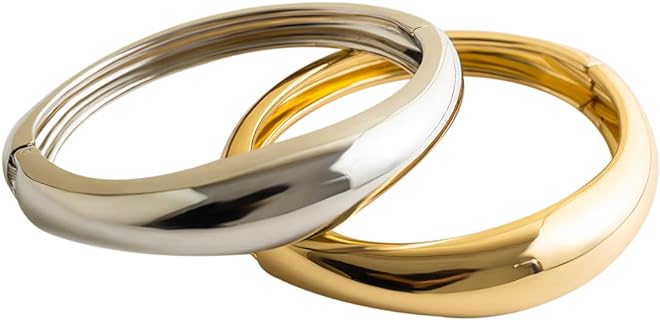 Gold Bangle Bracelets for Women Silver Plated Wide Wire Chunky Cuff Bracelets Trendy Hinged Cuff Open Wide Chunky Silver Bracelet Irregular Minimalist Bangle Jewelry Gift