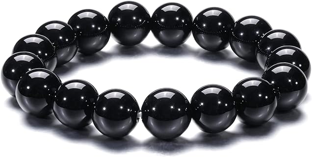 No Clasp Type Black Agate Semi Precious Bead Bracelet on Bead Chain for Unisex - Natural Healing Crystal Bangle for Stress Relief and Optimism