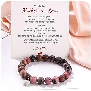 Mother in Law Gifts Natural Stone Bracelet Elastic Beaded Bracelets Yoga Healing Stone Bead Heart Charm Bracelet Gifts from Daughter in Law Unique Gifts for Anniversary Christmas Birthday Mothers Day