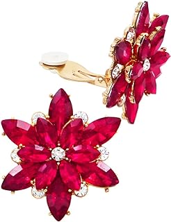 Chic Crystal Rhinestone Clip-on Christmas Earrings in a Blooming Flower Design for Women by Rosemarie & Jubalee, Zinc Metal and Glass Material, Non-Pierced Style, Made in China