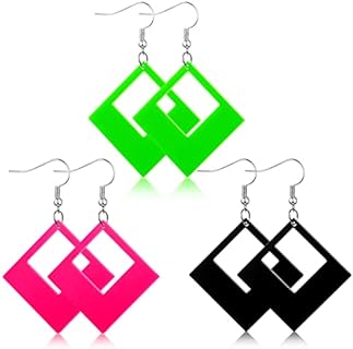 French Wire Clasp Men's 80s Neon Dangle Earrings with Acrylic Square Gem Design for Costume Party or Daily Wear