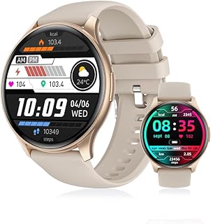 erep 円形ゴールドスマートウォッチ、1.43インチAMOLED大画面、Bluetooth 5.3通話機能、防水IP67。男女のフィットネスに最適