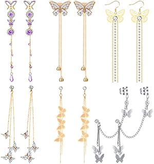 6 Pairs Adorable Butterfly Chain and Stud Rhinestone Drop Earrings with French Wire Backing for Women and Girls in Different Dazzling Designs.