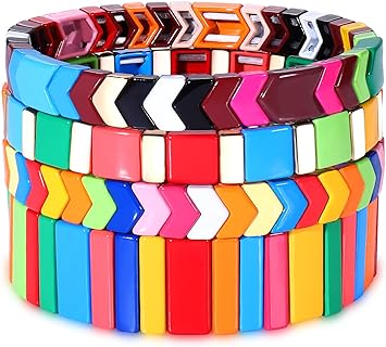 Enamel Tile Tila Bracelets Set Multicolor Tile Beaded Colorblock Bracelets Handmade Elastic Stretchy Bracelet Bohemian Stackable Bracelet