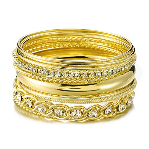 Twisted Multiple Metal Bracelets & Bangles Set for Women 12Pcs/Set W/Clear Rhinestones