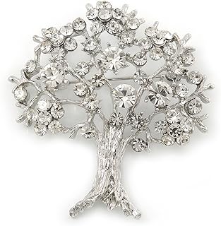 Crystal-Studded Tree of Life Brooch with Safety Pin-Stem for Fashion Savvy Individuals, Rhodium Plated, 52mm Length