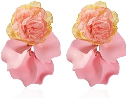 GUOXIAOMEI Chiffon Acrylic Rose Petal Earrings Dangle Exaggerated Flower Earrings Drop Statement Floral Tassel Light Weight Earrings Valentine's Day Gift