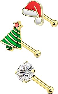 COCHARM 3pcs 20g Christmas Nose Stud Long Post Gold Xmas Bone Nose Stud Pack Cute Santa Hat Nose Pin Holly Tree Nose Stud 20g Christmas 7mm Nose Piercing Jewelry