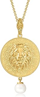 18kt Gold Over Sterling Silver Lion Pendant Necklace with 8-8.5mm Cultured Pearl, Rolo Chain & Lobster Claw Clasp for Unisex Lion Medallion Design
