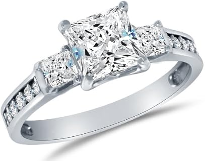 Solid 925 Sterling Silver CZ Cubic Zirconia 3 Three Stone Engagement Ring - Princess Cut Solitaire with Round Side Stones (1.75cttw., 1.5ct. Center) - Available in all ring sizes 4 - 9.5 & Comes With Elegant Velvet Ring Box