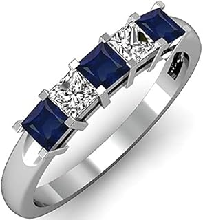14K White Gold Princess Engagement Ring with Blue Sapphire & White Diamonds for Women, Five Stone Bridal-Casual Design