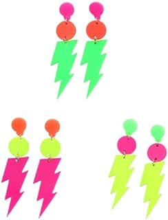 Men's Retro 80s Alloy Lightning Bolt Dangle Earrings with Acrylic Accents in Vibrant Neon Colors