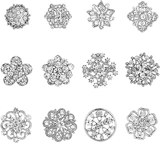 Pin Clasped Silver-Plated Zinc Limoges Cameo Brooches, Rhinestone-Encrusted Floral Design, Set of 12 for Women