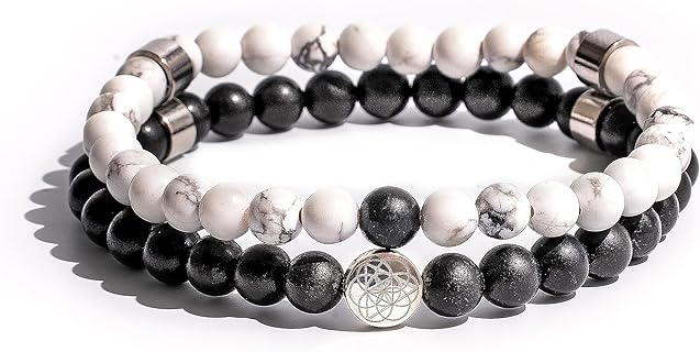 Men's Titanium Steel Healing Bracelet Set with Shungite and Howlite Gemstone Beads - Anxiety & Energy Balancing Jewelry