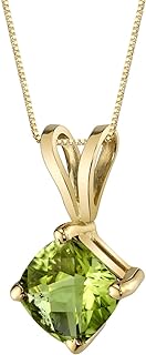14K Yellow Gold Peora Peridot Pendant Necklace with Spring Ring Clasp for Women, Classic Solitaire Design, Cushion Cut Genuine Gemstone
