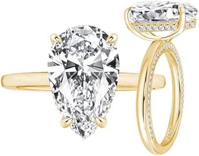 3.5ct Solitaire Pear Shaped Engagement Ring For Women,Noble Gold Tone Crushed Ice Sterling Silver Simulated Diamond Promise Ring