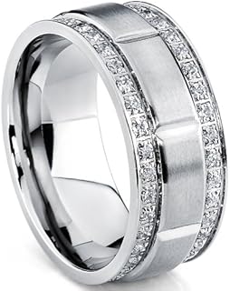 Metal Masters Men's Titanium Wedding Band Ring with Double Row Cubic Zirconia, Comfort Fit Sizes, 9MM 8 to 12