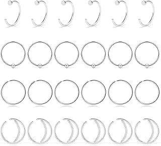 Lcolyoli 24PCS 22G Surgical Steel Moon Nose Rings Hoop Nostril Septum Ring Piercing Jewelry for Women Girls Men 8mm 10mm
