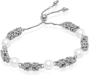LeCalla Sterling Silver Pearl-Embellished Bolo Bracelet with Lobster Claw Clasp and Box Chain