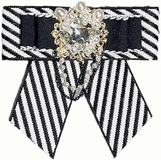Retro Crystal Pearl Stripe Ribbon Bow Tie Brooch Pin For Men & Women, Copper and Aluminum, Pin Clasp, Elegant Design - JKQBUX