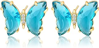 Butterfly Stud Earrings with Cubic Zirconia & Glass for Women, Sterling Silver and Brass, 0.47" L x 0.79" W, Allergy-Friendly Preppy Aesthetics