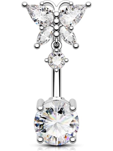 OUFER Belly Button Rings, Butterfly Belly Rings, 316L Surgical Steel Navel Rings, Clear CZ Belly Piercing Jewelry, Dangle Belly Rings For Women Men