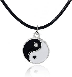 Leather Cord Yin Yang Choker Necklace with Alloy Pendant - Unisex Fashion for Men and Women - Edgy Black and White Design