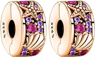 Amuefer 2Pcs Clip Charms for Bracelets 925 Sterling Silver with Cubic Zirconia Shell Pink Pavé Family Always Stopper Birthday Christmas Jewelry Gifts for Women