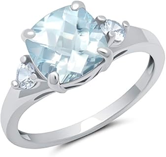 MAX + STONE Cushion Cut Gemstone Three Stone Ring for Women in 10k White or Yellow Gold with Created White Sapphire Accents and Birthstone Size 5 to 9