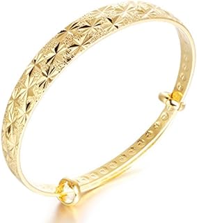 18k Yellow Gold Classical Diamond Cut Adjustable Bangle Bracelet for Women