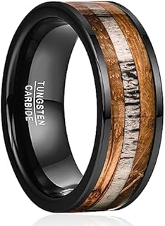 NUNCAD Black Tungsten Ring for Men Whiskey Barrel Wood and Deer Antler Inlay Wedding Band Comfort Fit Size 7-12