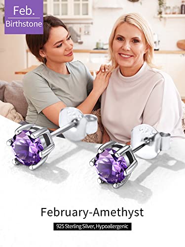 925 Sterling Silver Sparkling Heart/Round/Princess Cut Birthstone Stud Earrings for Women Birthday Jewelry (with Gift Box)